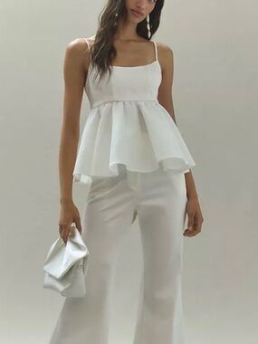 Anthropologie White Spaghetti-Strap Peplum Top with Flared Pants